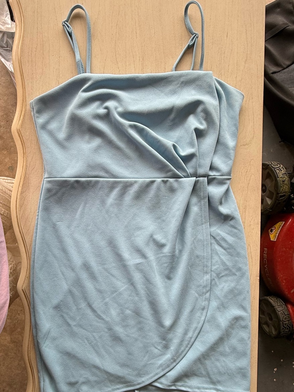 She + Sky Light Blue Spaghetti-Strap Wrap Mini Dress